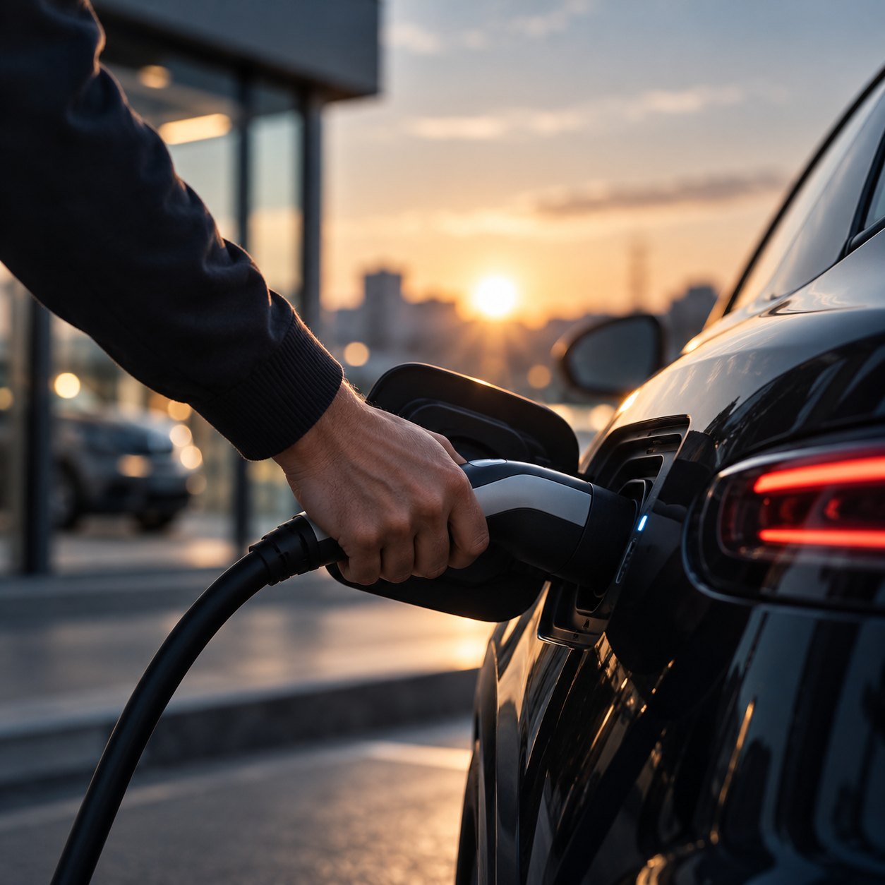 Laadstekker wordt in een elektrische auto gestoken bij zonsondergang