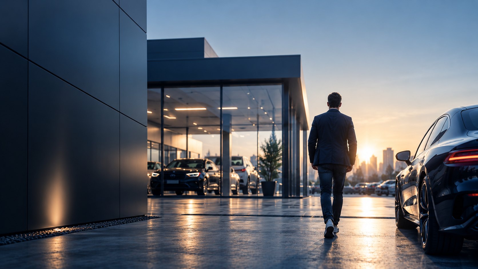 Ondernemer loopt bij zonsopkomst naar een moderne autoshowroom
