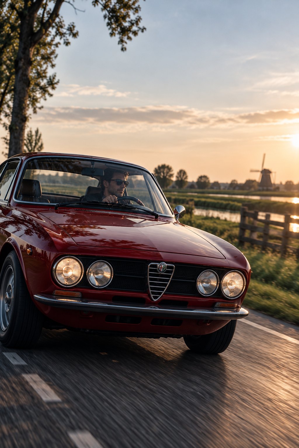 Rode klassieke Alfa Romeo rijdt over een polderweg met molen bij zonsondergang
